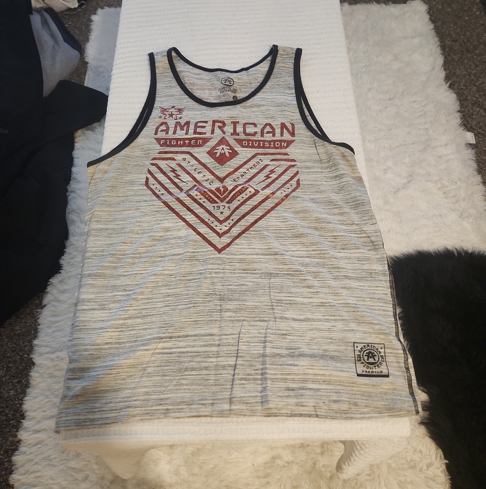 American Fighter Heather Gray Tank Top with Maroon Graphic and Black Trim